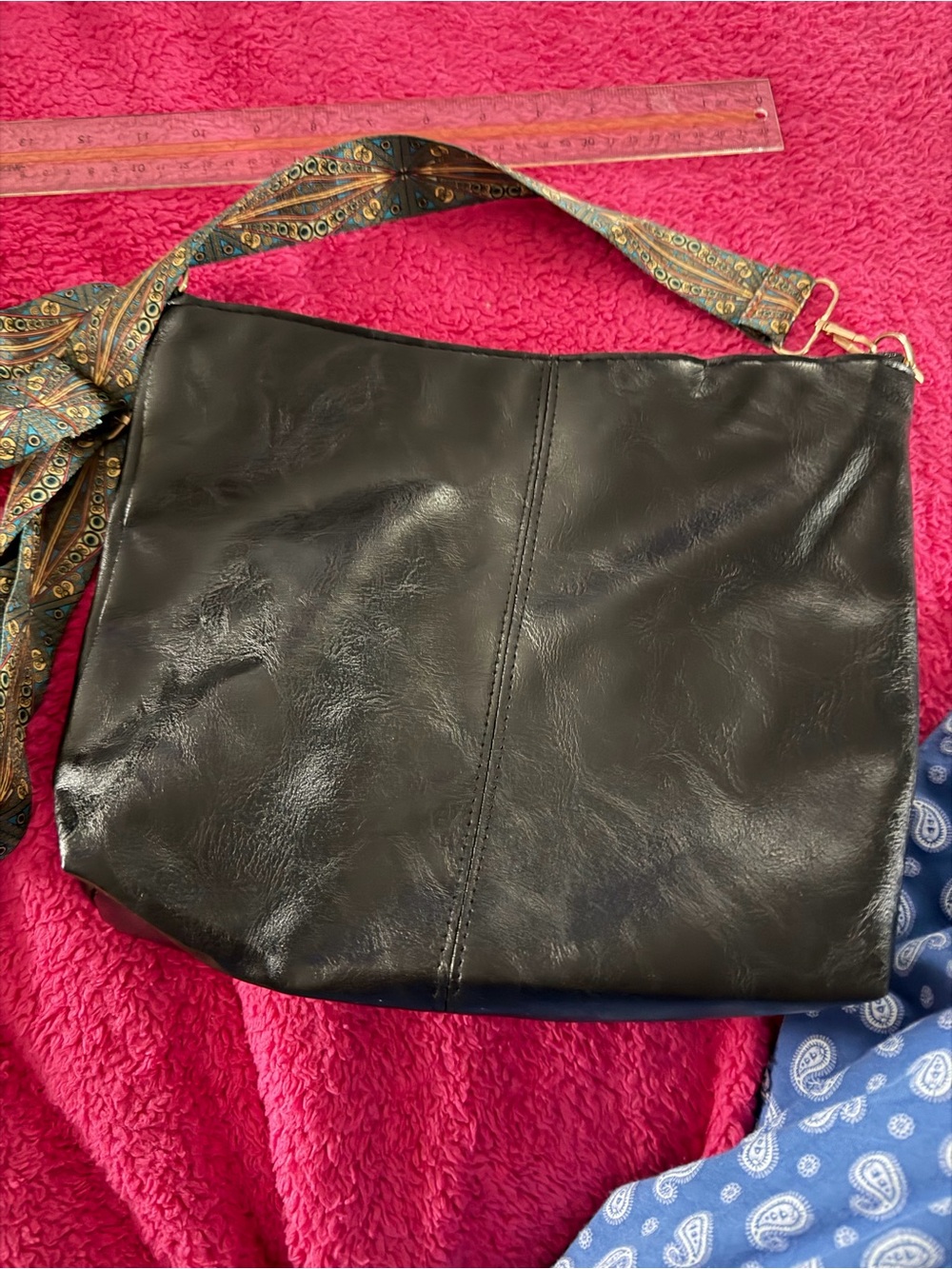 Black Women's Leather Shoulder Bag with Patterned Fabric Strap